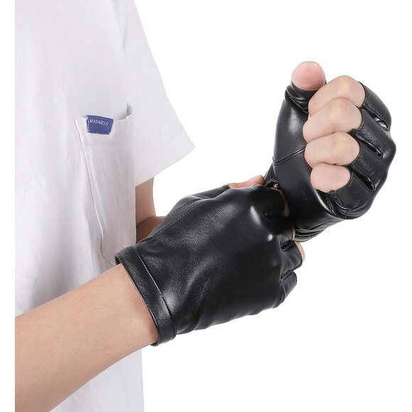 Men's Black PU Faux Leather Outdoor Sports Cosplay Costume Half Finger Gloves - Picture 4 of 8